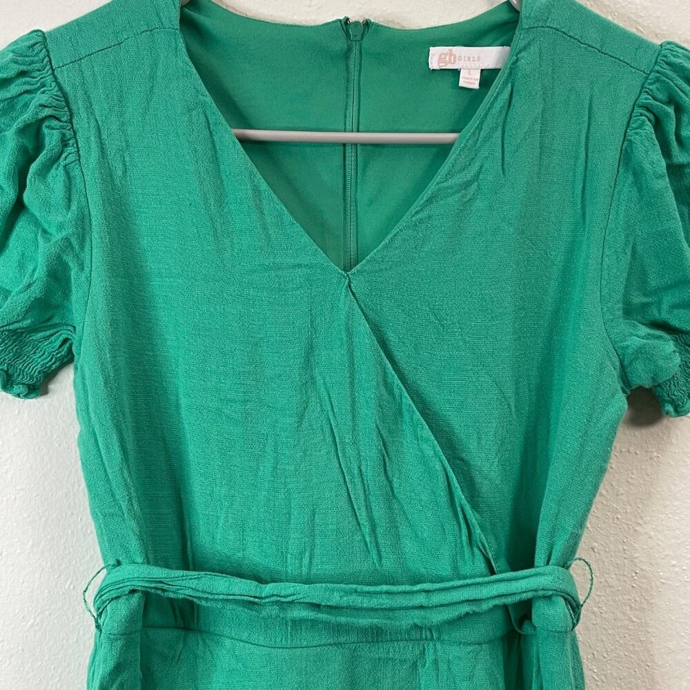 Girls Green Puff Sleeve Wrap Dress With Ruffled Hem & Belt by GB Girls - Picture 3 of 15